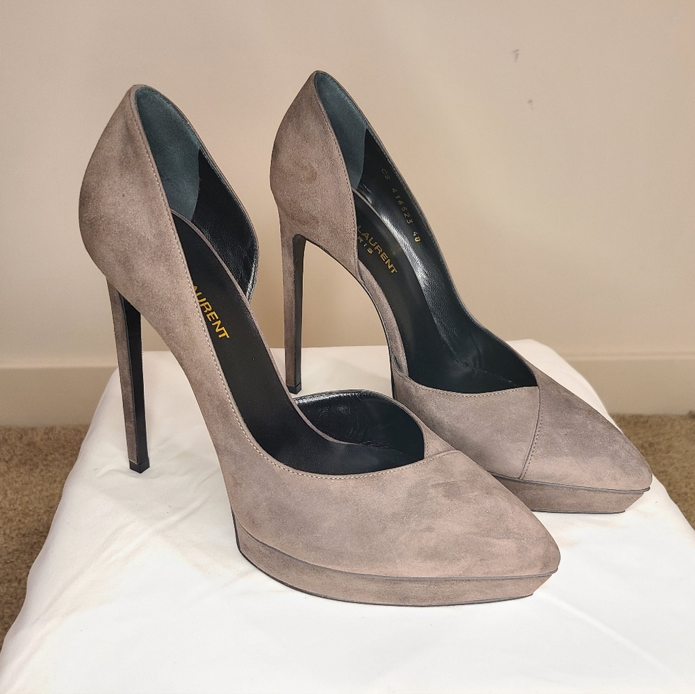 Saint Laurent Janis 105 Dorsay Road Gray Suede Stiletto Pumps EU 40